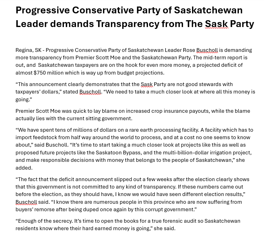PCPSask's tweet image. "Enough of the secrecy. It’s time to open the books for a true forensic audit so Saskatchewan residents know where their hard earned money is going"-PC Leader Rose Buscholl

See the full release below:

#skpoli #Sask