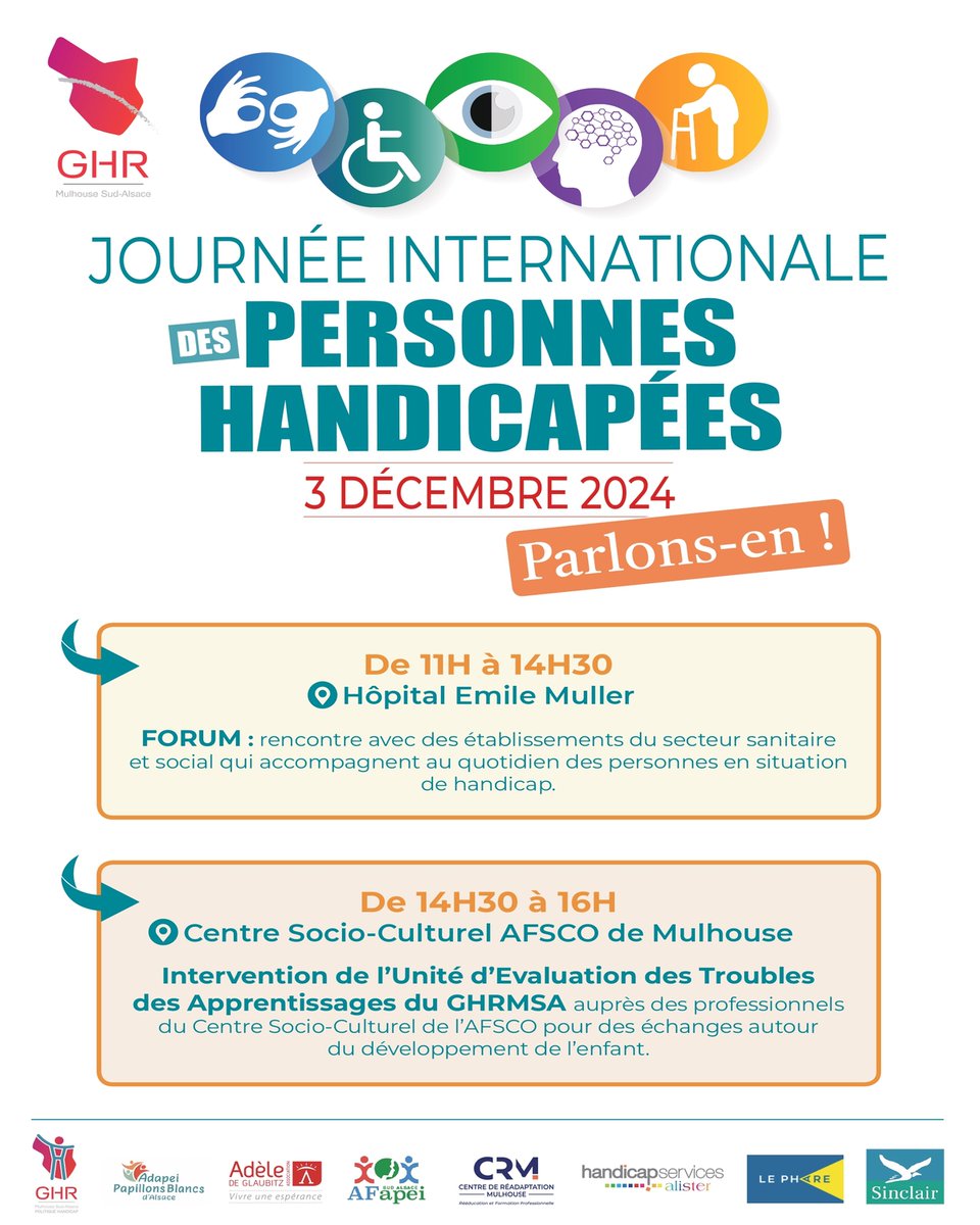 ℹ Dans le cadre de la Journée Internationale des personnes handicapées, rendez-vous le 3 décembre prochain
📌 De 11h à 14h30 dans le hall de l'Hôpital Emile Muller, pour échanger avec les établissements qui accompagnent au quotidien les personnes en situation de handicap
