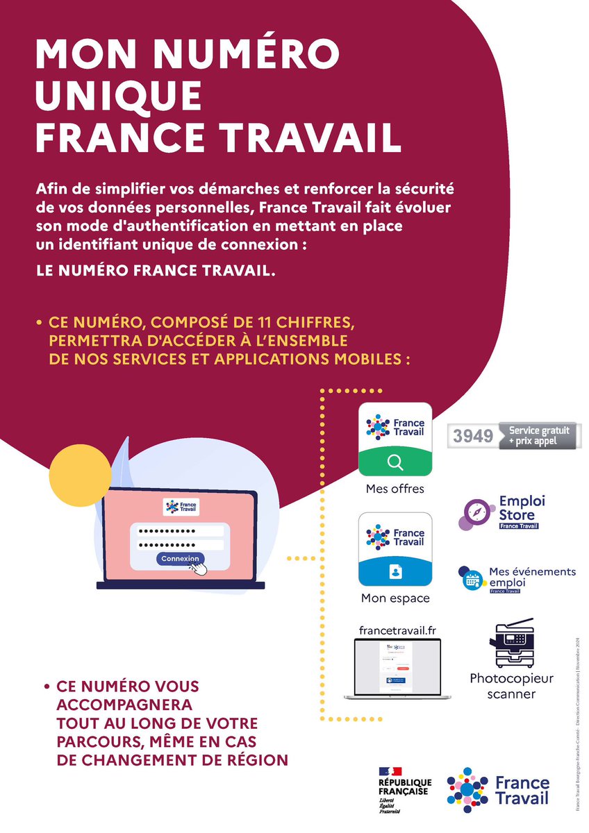 💡Mon #NuméroUnique France Travail 
Afin de #simplifier vos démarches et renforcer la #sécurité de vos données personnelles, <a href="/FranceTravail/">France Travail</a> fait évoluer son mode d'authentification en mettant en place un identifiant unique de connexion. 
Les Équipes de <a href="/FTravail_83/">France Travail Var</a>