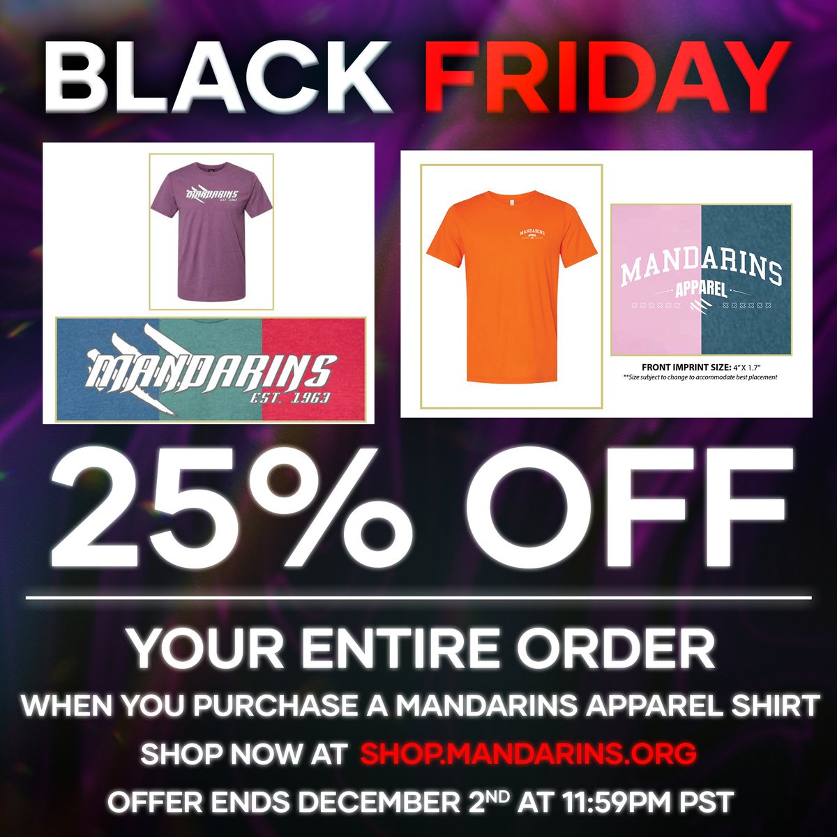 DCIMandarins's tweet photo. Our Black Friday weekend SALE is now LIVE!
Now through Monday, December 2nd:
Buy 1 or more shirts from our "Mandarins Apparel™️" shirt collection and get 25% OFF YOUR ENTIRE ORDER!

Applies to all souvenir apparel and accessories.

🔗 https://t.co/1EmgGyLk4z https://t.co/Xr5zyapDMe