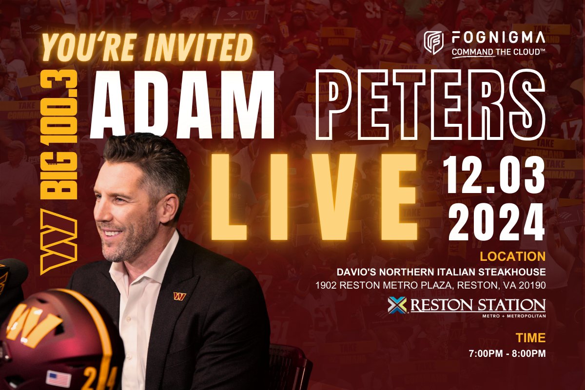 BIG100Radio's tweet photo. Join BIG 100 for a live chat with @Commanders GM Adam Peters! 📅 Dec 3, 2024 | 🕖 7-8 PM | 📍 @daviosreston, VA, @Reston_Station. 

Reserve a spot now: 📞 888-995-4810 or visit 💻 https://t.co/eiAfGala06. 

Presented by Fognigma. 

#Commanders #BIG100 #AdamPeters #BramWeinstein https://t.co/tLq1RTZy60