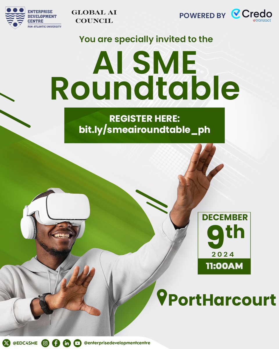 EDC4SME's tweet photo. Are you in Port Harcourt? Join the AI Roundtable on Dec 9, 2024, for insights on leveraging AI for business growth. Register now: https://t.co/Kbbwf4Okbz
#AIInBusiness #AIRoundtable #BusinessAndAI https://t.co/4Vtjpaos5e