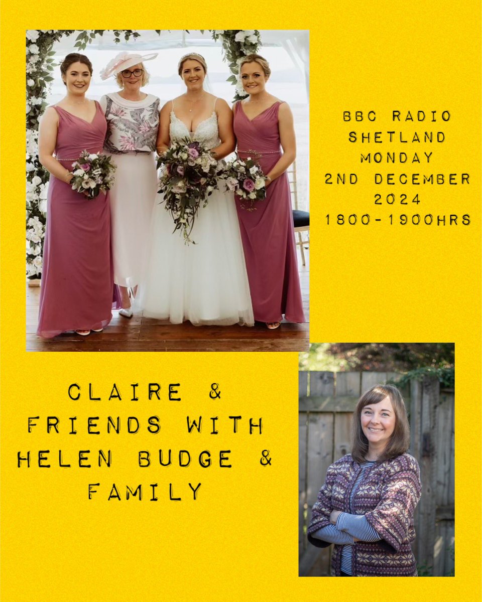 📻 ‘Claire &amp; Friends’ on <a href="/bbcshetland/">BBC Radio Shetland 📻🎙</a> 

🎙️ 2 Dec, 6-7pm LIVE!

🎤 Retired SIC Director o Children’s Services, Helen Budge, wi her tree dochters fae <a href="/BigtonFarm/">Bigton Farm</a>; Kirsty, Hannah and Aimee.

🎶 Tracks fae Pete Stack an Da Rayburns, George Ezra, Tide Lines an idders!

😀 Come you!
