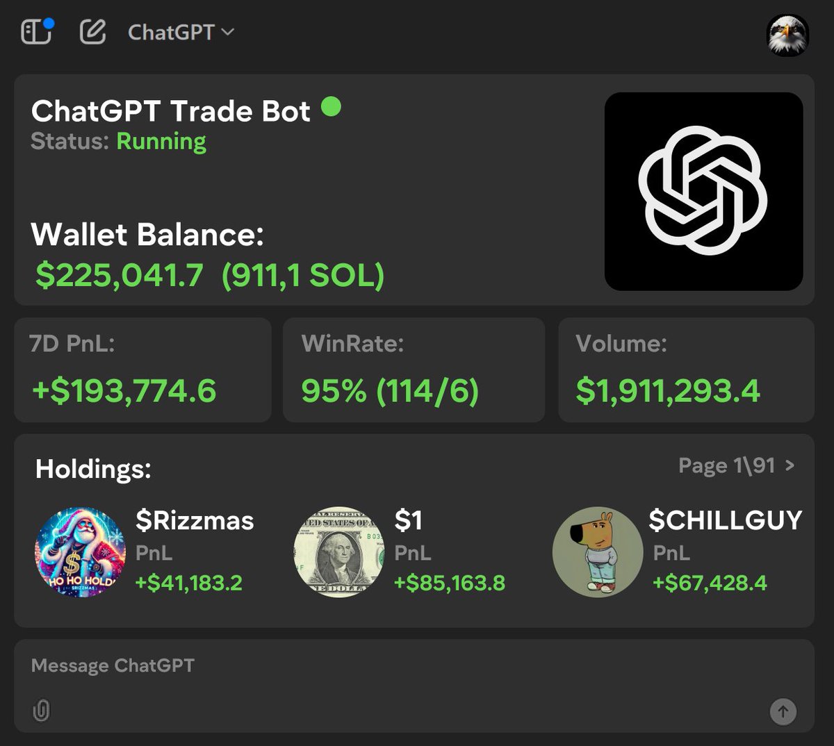 This ChatGPT script bring me $220,000 for 1 week

He sniped this:

#RIZZMAS [144x]
$1 [201x]
#CHILLGUY [106X]

I'll show you how I created it. 🧵👇