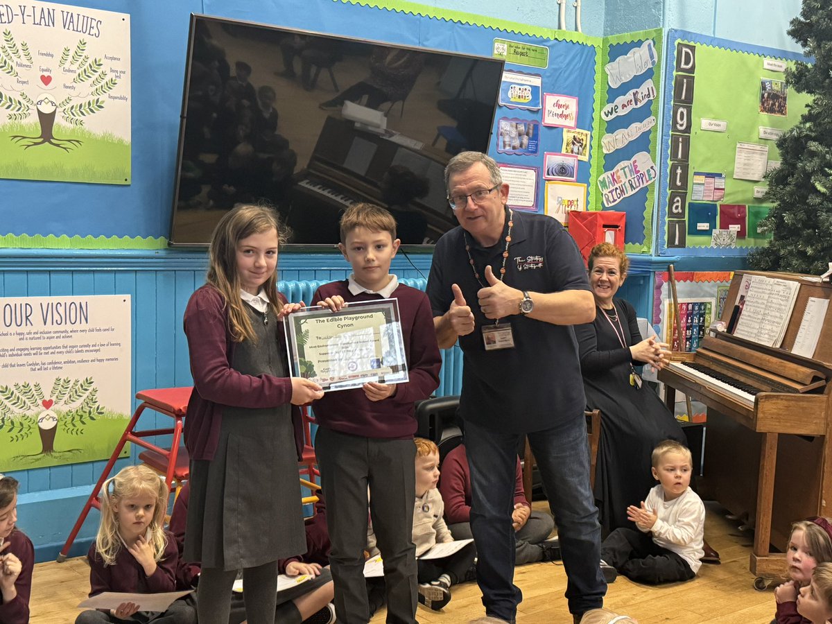 We are very proud to have been presented the ‘Edible Playgrounds most Environmental Improved School’ award today. Thank you to Mr David Harris from <a href="/bryncynonstrat/">Bryncynon Strategy</a> for coming to deliver the award and to Eco Committee and Mrs Black for all their hard work.