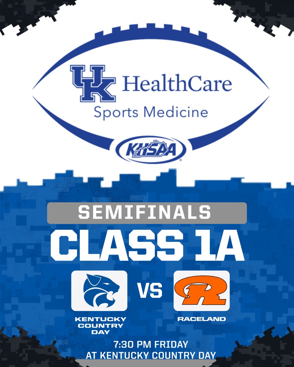 KHSAA Main (@khsaa) on Twitter photo The road to Class 1A 2024 UK HealthCare Sports Medicine Football State Finals continues Friday with semifinal action. Raceland travels to Kentucky Country Day.
ππs
linktr.ee/khsaa
#khsfb <a href="/UK_HealthCare/">UK HealthCare</a> The road to Class 1A 2024 UK HealthCare Sports Medicine Football State Finals continues Friday with semifinal action. Raceland travels to Kentucky Country Day.
ππs
linktr.ee/khsaa
#khsfb <a href="/UK_HealthCare/">UK HealthCare</a>