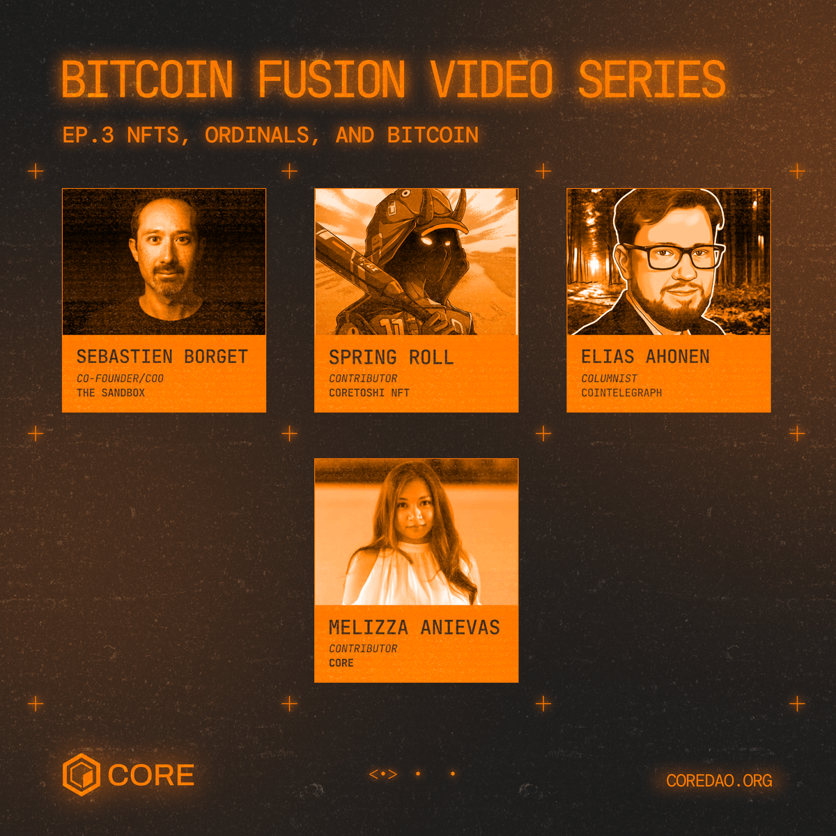 Coredao_Org's tweet photo. Bitcoin Fusion Webinar Ep 3: NFTs, Ordinals &amp; Bitcoin 🎨

We’re joined by @borgetsebastien (@TheSandboxGame) &amp; @eahonen (@Cointelegraph) to explore NFTs, Ordinals, and Bitcoin!

Plus, get exclusive news about the upcoming Coretoshis NFT drop!  👀

🗓️ Dec 5, 2 PM UTC https://t.co/6GjqI5SFGe