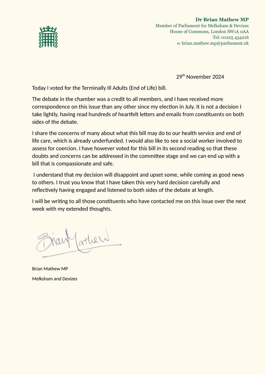 Why I voted in favour of the Terminally ill adults (End of life) Bill today.

I will be writing to all those constituents who have contacted me on this issue over the next week with my extended thoughts.