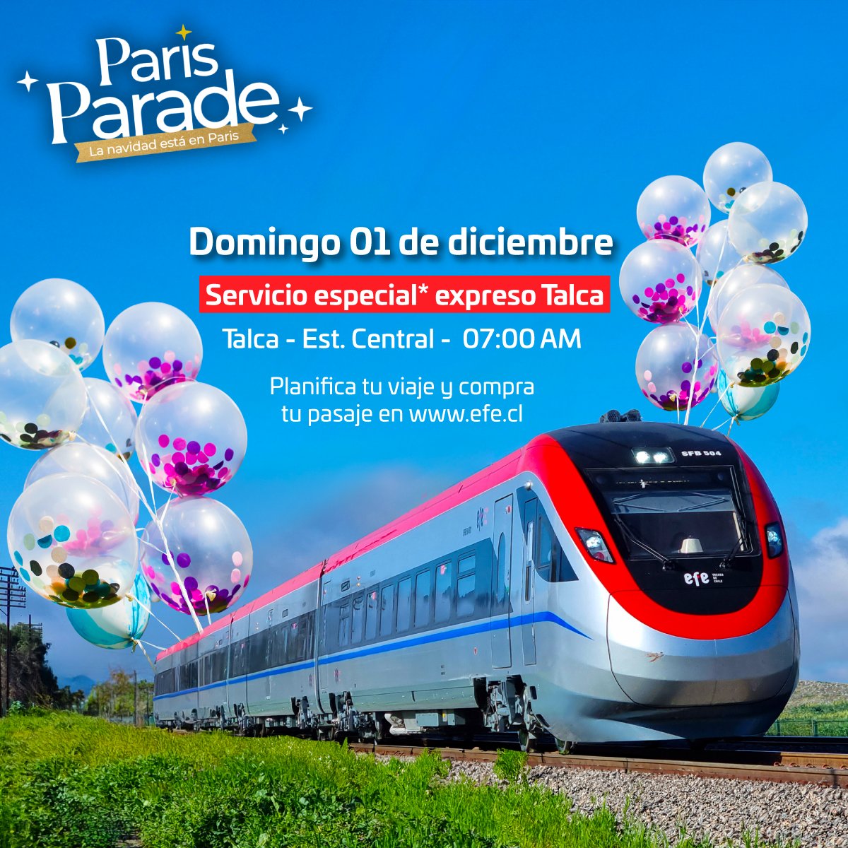 EFE_Chillan's tweet photo. ¡Adelanta tu compra de pasajes y no te quedes abajo! 😱 👀
Este domingo 01 de diciembre, EFE Chillán te acerca a la Paris Parade🎈. Recuerda que también puedes utilizar nuestros servicios Rancagua y Nos para no perderte esta increíble experiencia.

🎟️ Aún quedan tickets disponibles en venta en https://t.co/RFQcEvKAMW