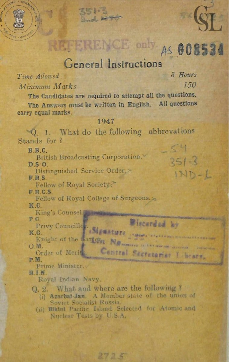 IASfraternity's tweet photo. UPSC Civil Services Examination - 1947 along with its Model Answer Key. https://t.co/5WsbtqqwH9