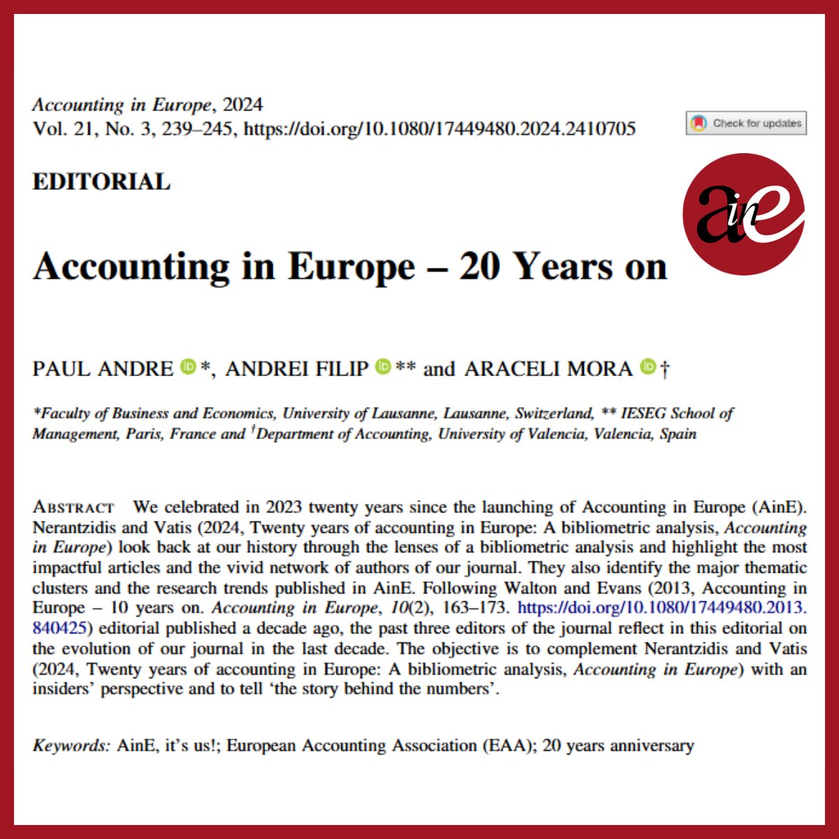 🎉 Celebrating 20 Years of Excellence! 🎉
We are proud to share a special editorial by past editors Paul Andrè and Araceli Mora, alongside our current editor Andrei Filip, commemorating two decades of our journal's impact. 
doi.org/10.1080/174494…
#aie <a href="/EAA_ARC/">EAA</a>