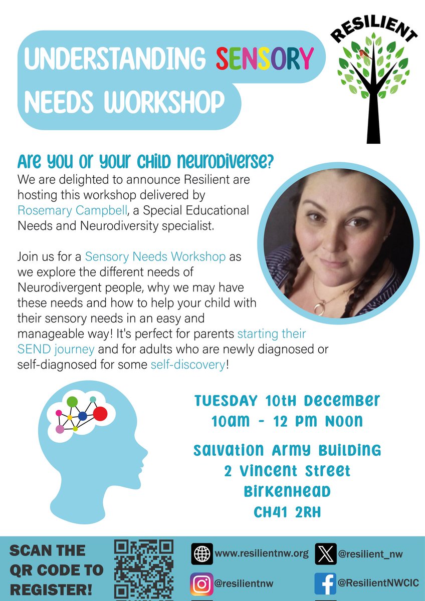 The wonderful Rosemary Campbell SEND Coach is delivering a "Understanding Sensory Needs" session.

Perfect if you are just starting your SEND journey with your child or curious about your own  sensory needs. 

Click link or scan the QR code to register 

bit.ly/3ZnWynJ