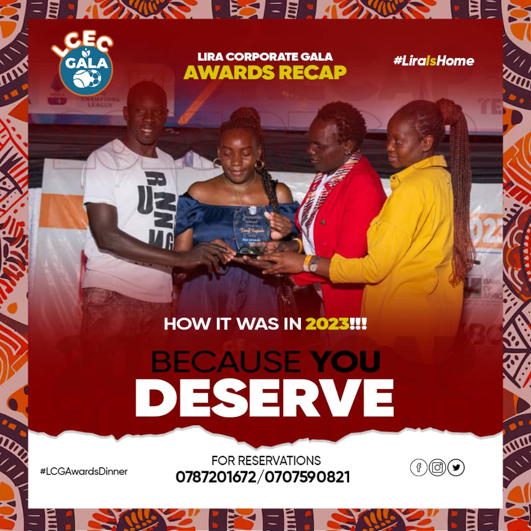 Because You Deserve It
Join us at the Lira Corporate Gala Awards Dinner 2024as we celebrate the extraordinary efforts of our corporates, teams, and individuals.

Single:70k
Couple:120k
Table: 450k( 8 people)
📅 December 13th
📍 Lira City Gardens
#CorporateGalaDinner