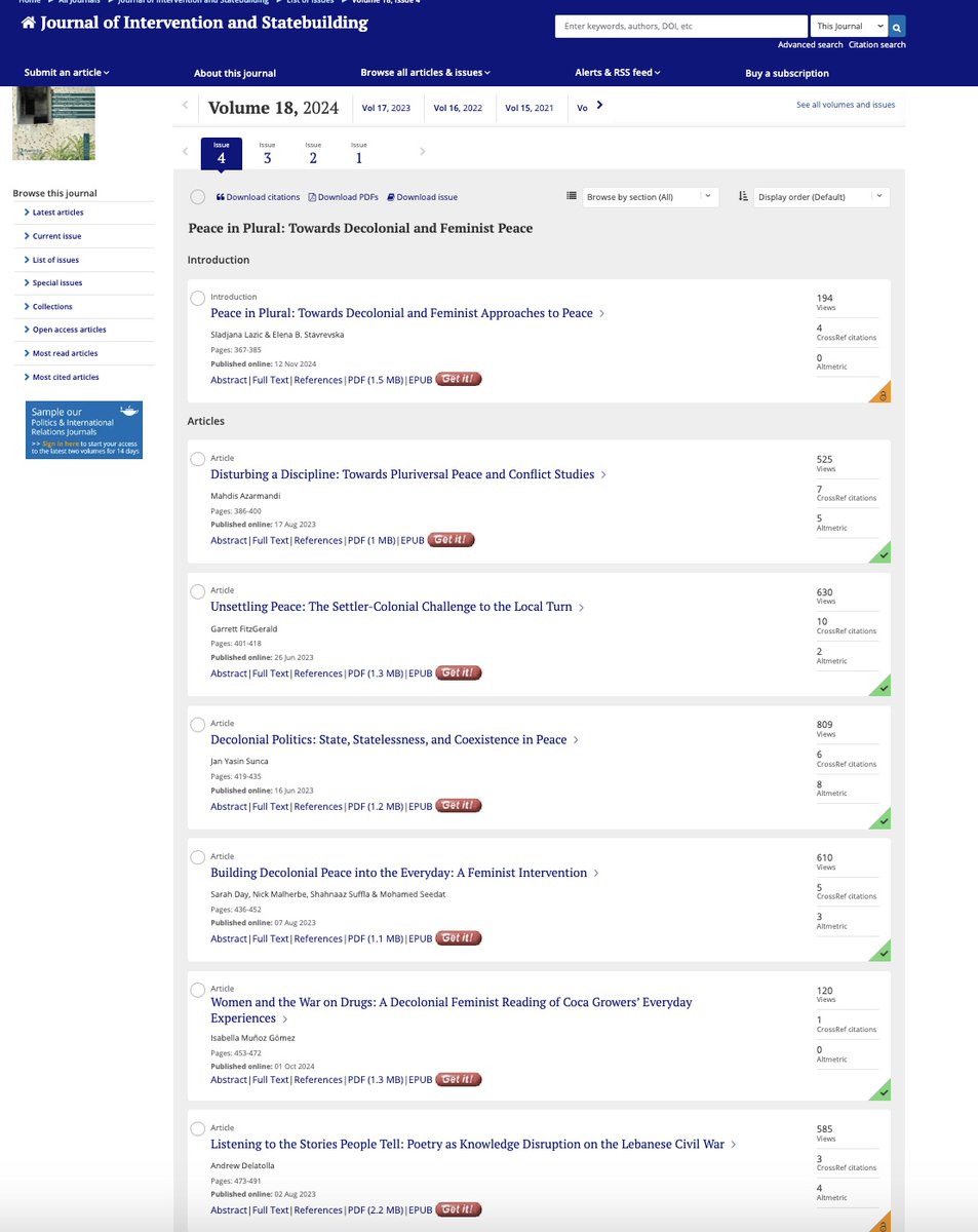 Elena B. Stavrevska (@ebstavrevska) on Twitter photo 🎉The special issue, Peace in Plural: Towards Decolonial & Feminist Approaches to Peace, that <a href="/SladjaLazic/">Sladjana Lazic</a> & I co-edited, is now fully out in @JISBjournal! It feels surreal to share this many-years-in-the-making product of comraderie, love, and grief tandfonline.com/toc/risb20/18/4 🧵 🎉The special issue, Peace in Plural: Towards Decolonial & Feminist Approaches to Peace, that <a href="/SladjaLazic/">Sladjana Lazic</a> & I co-edited, is now fully out in @JISBjournal! It feels surreal to share this many-years-in-the-making product of comraderie, love, and grief tandfonline.com/toc/risb20/18/4 🧵
