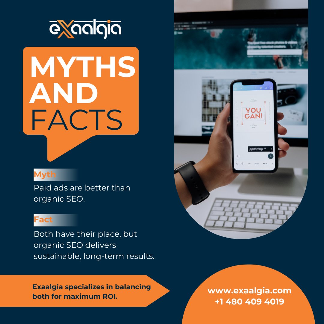 Exaalgia's tweet image. Don&apos;t believe the hype that paid ads are the only way to boost your online presence! 🙅‍♀️ 

The truth is, organic SEO is just as important for sustainable, long-term results. 💻 

At Exaalgia, we know the power of balancing both for maximum ROI. #Exaalgia #SEOvsPaidAds #OrganicSEO