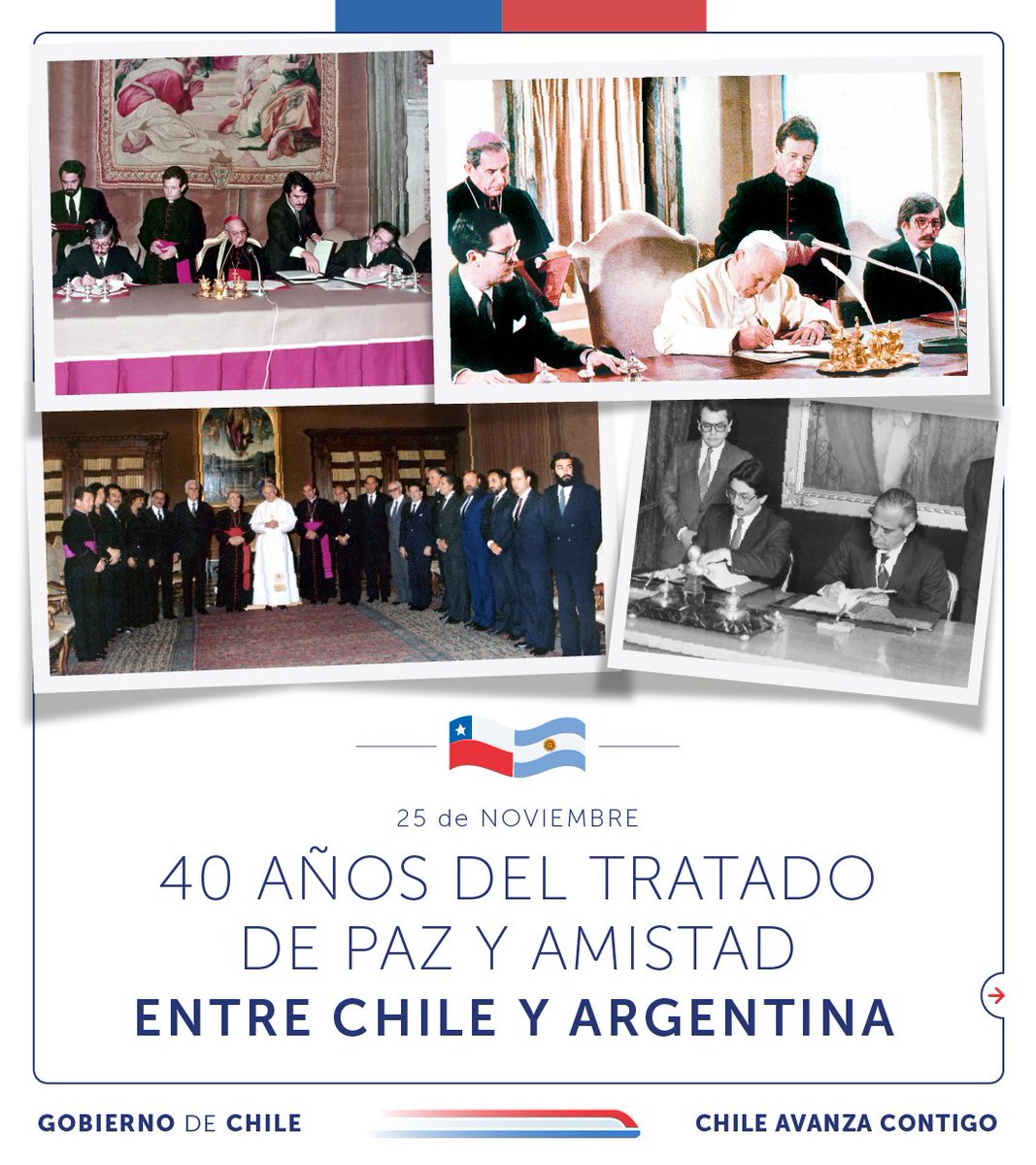 El 29 de noviembre conmemoramos 40 años de la firma del Tratado de Paz y Amistad entre Chile y Argentina en 1984 que estableció un camino basado en el entendimiento mutuo para resolver los diferendos territoriales y asentó una nueva era de integración entre ambas naciones 🇨🇱🤝🇦🇷