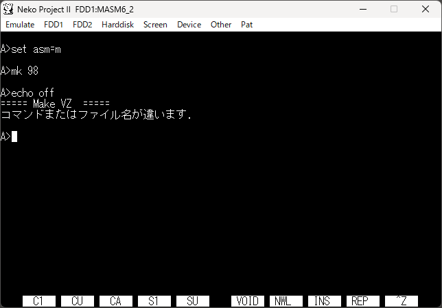 YuuichiAkagawa's tweet photo. #VZEditor をビルドしてみた。
NP2にMS-DOS 5.0(EPSON)とMASM 6をインストールして、ソースを展開。
makeが無いのでmk.batだと失敗
A> set asm=m
A> set masm=/dPC98
A> nmake vz.mak
A> lk
で行けた https://t.co/7FYjVbkY9z