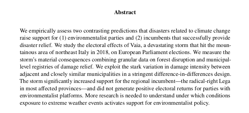 Simone Cremaschi (@s_cremaschi) on Twitter photo 🚨 New paper 🚨 with <a href="/PStanig/">Piero Stanig</a> forthcoming at <a href="/The_JOP/">Journal of Politics @jop@sciences.social</a> 🎉 about the political consequences of climate-related disasters 🌲⛈️⚠️
Pre-print 👉 osf.io/preprints/osf/…
Summary 🧵👇 🚨 New paper 🚨 with <a href="/PStanig/">Piero Stanig</a> forthcoming at <a href="/The_JOP/">Journal of Politics @jop@sciences.social</a> 🎉 about the political consequences of climate-related disasters 🌲⛈️⚠️
Pre-print 👉 osf.io/preprints/osf/…
Summary 🧵👇
