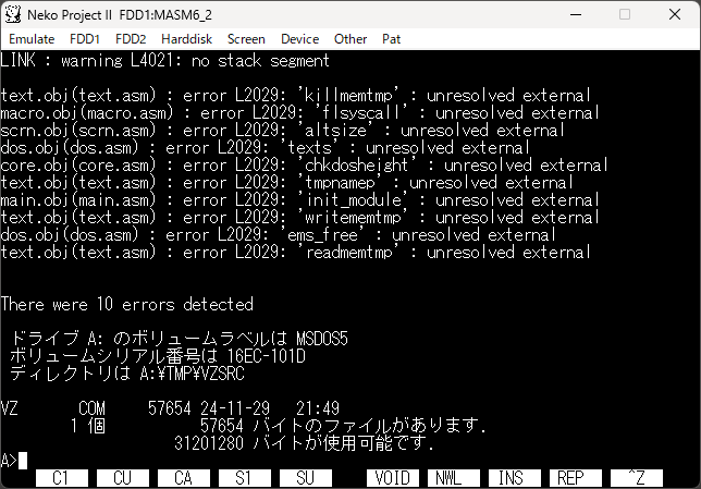 YuuichiAkagawa's tweet photo. #VZEditor をビルドしてみた。
NP2にMS-DOS 5.0(EPSON)とMASM 6をインストールして、ソースを展開。
makeが無いのでmk.batだと失敗
A> set asm=m
A> set masm=/dPC98
A> nmake vz.mak
A> lk
で行けた https://t.co/7FYjVbkY9z