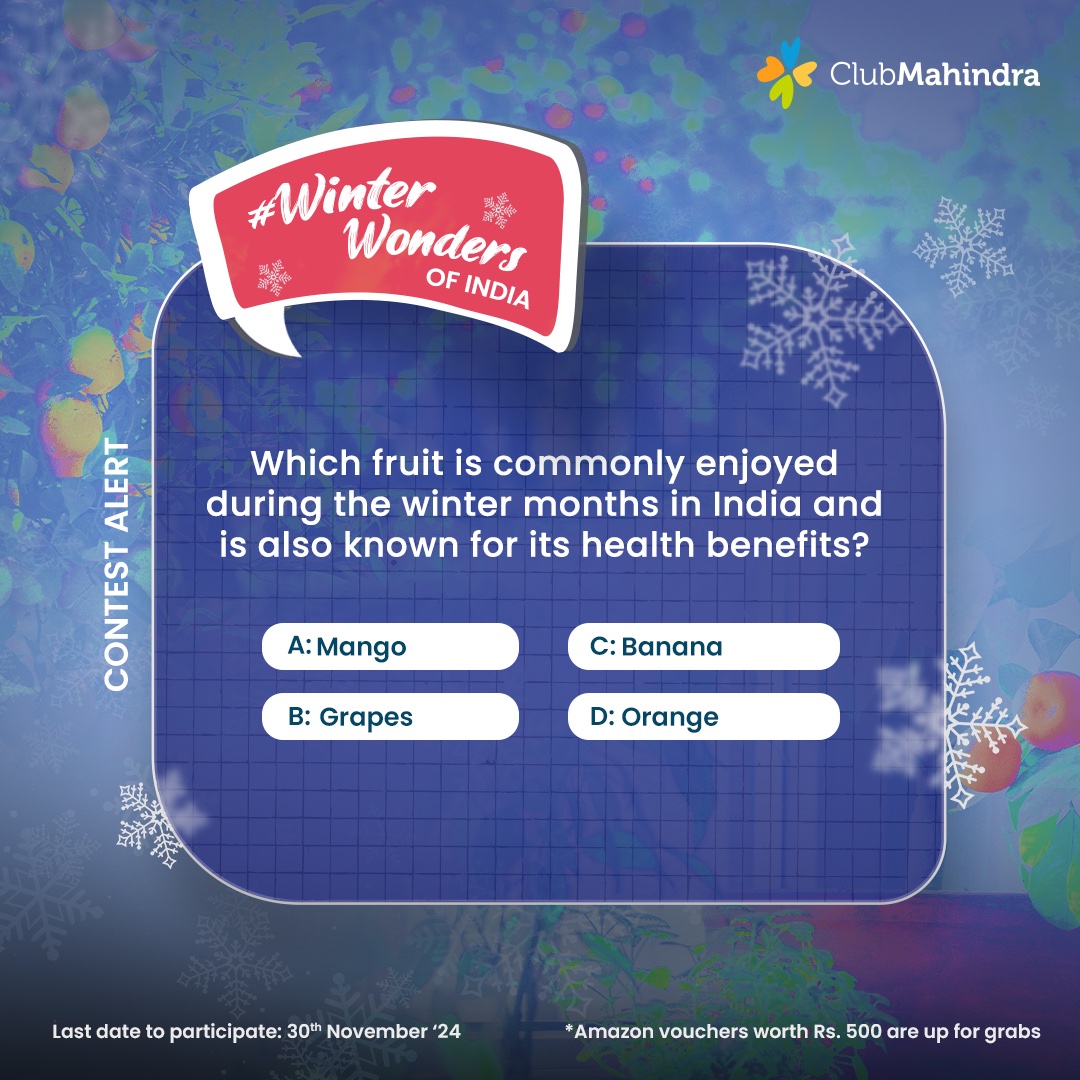 Club Mahindra (@clubmahindra) on Twitter photo #ContestAlert 14 of 15
Participate in all #WinterWondersOfIndia
STEPS
1) Commenting using #WinterWondersOfIndia & tagging 4 friends & <a href="/clubmahindra/">Club Mahindra</a> is mandatory.
2) Participate in all 15 contest posts. Winners get Amazon vouchers worth INR 500 each. #ContestAlert 14 of 15
Participate in all #WinterWondersOfIndia
STEPS
1) Commenting using #WinterWondersOfIndia & tagging 4 friends & <a href="/clubmahindra/">Club Mahindra</a> is mandatory.
2) Participate in all 15 contest posts. Winners get Amazon vouchers worth INR 500 each.