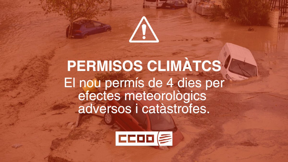 Noves mesures laborals RDL 8/2024 fenomens meteorològics adversos i catàstrofes
📌Permís retribuit 37.3 ET  fins a 4 dies  excepte si es teletreballa
📌Causa ERTO força major 47.6 ET
📌Drets d'informació 64.4 ET
📌Obligació negociació protocols 85.1 ET
 ccoo.cat/noticies/enpor…