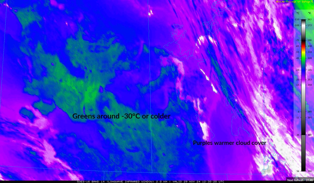 First -30s of the season being observed southwest of Riding Mountain this morning. They may be more widespread tonight in SW Mb. The Red River Valley is much warmer due to continued cloud cover. Choose your poison, either cloudy skies or extreme cold...
