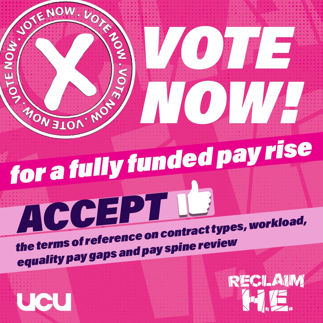 Have you voted in the consultative ballot yet?

❌ REJECT the pay element
✅ ACCEPT the terms of reference on the pay-related elements

VOTE before Tuesday 3 December at 5pm ⏰

Find out more 👉 ucu.org.uk/HEconsultation…