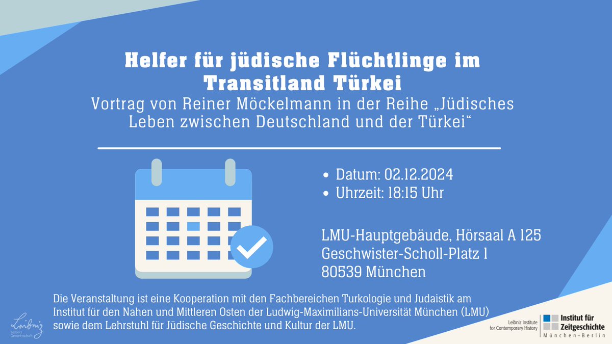Institut für Zeitgeschichte München−Berlin (@leibniz_ifz) on Twitter photo Über die Fluchtroute Türkei-Palästina spricht Reiner Möckelmann am 2.12. an der <a href="/LMU_Muenchen/">Universität München</a>. Er zeigt, welche Rettungs- und Hilfsaktionen für Jüdinnen & Juden im Verlauf des 2. Weltkriegs von der Türkei und speziell von Istanbul aus organisiert wurden: ifz-muenchen.de/veranstaltunge… Über die Fluchtroute Türkei-Palästina spricht Reiner Möckelmann am 2.12. an der <a href="/LMU_Muenchen/">Universität München</a>. Er zeigt, welche Rettungs- und Hilfsaktionen für Jüdinnen & Juden im Verlauf des 2. Weltkriegs von der Türkei und speziell von Istanbul aus organisiert wurden: ifz-muenchen.de/veranstaltunge…