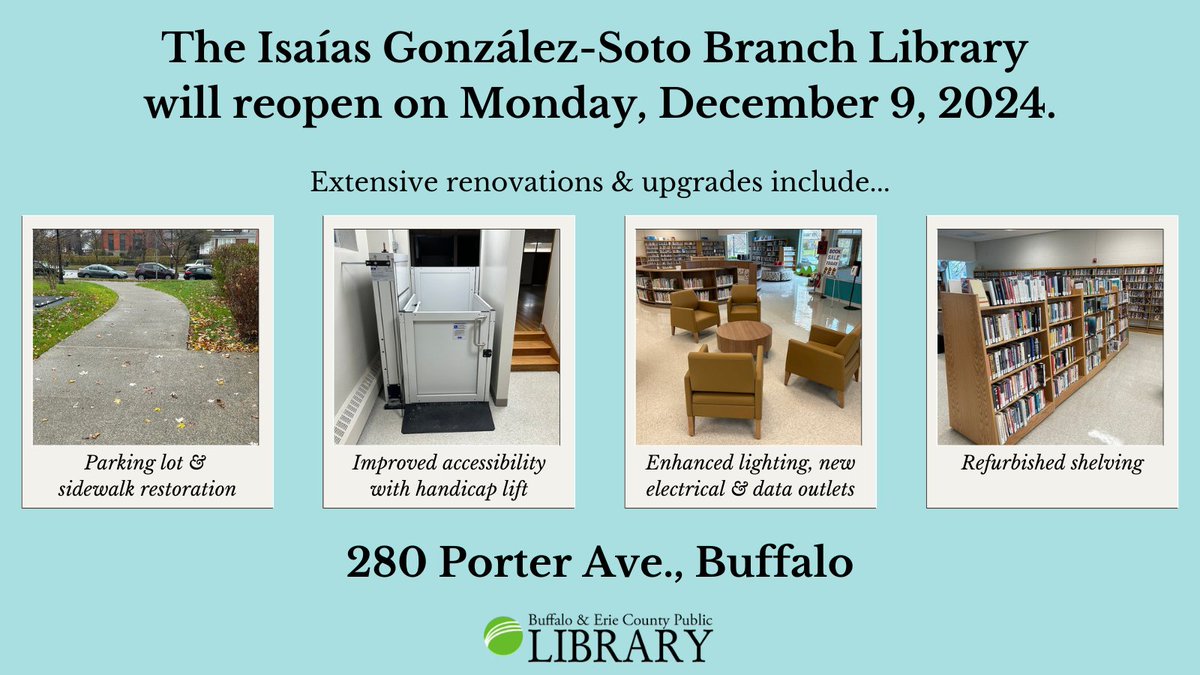 We are excited to reopen the Isaías González-Soto Branch Library in the City of Buffalo (280 Porter Avenue) on Monday, December 9! Keep your eyes peeled for more (artsy!) news on the reopening to come.