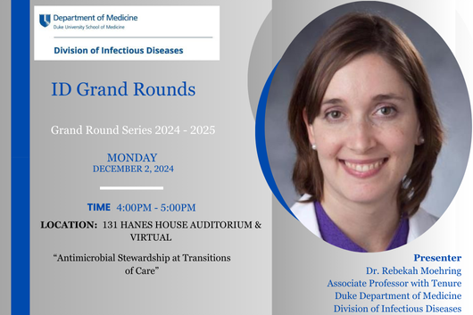 Duke Infectious Diseases (@dukeadultid) on Twitter photo Please join us Monday, 12/2 at 4:00pm, Dr. Rebekah Moehring <a href="/rebsmoe/">Rebekah Moehring</a> presents: "Antimicrobial Stewardship at Transitions of Care"
Join via zoom or in person
duke.zoom.us/j/98686770700?…
#IDGrandRounds #IDfellows #Antimicrobial
<a href="/Duke_ASET/">Duke Antimicrobial Stewardship</a> Please join us Monday, 12/2 at 4:00pm, Dr. Rebekah Moehring <a href="/rebsmoe/">Rebekah Moehring</a> presents: "Antimicrobial Stewardship at Transitions of Care"
Join via zoom or in person
duke.zoom.us/j/98686770700?…
#IDGrandRounds #IDfellows #Antimicrobial
<a href="/Duke_ASET/">Duke Antimicrobial Stewardship</a>