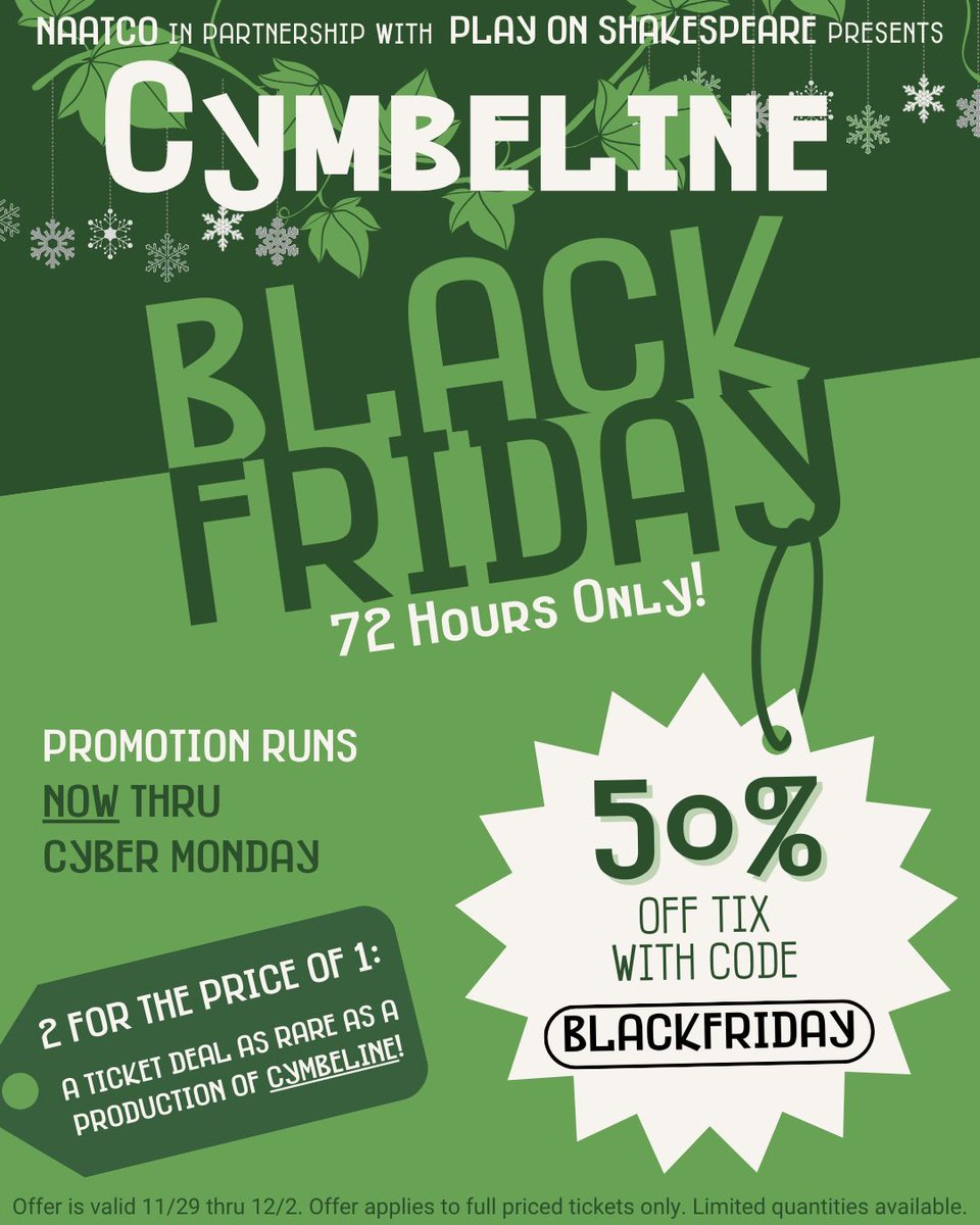 NAATCO's tweet photo. CYMBELINE Black Friday sale is live! Get 50% off tickets for 72 hours only with code BLACKFRIDAY - link in the thread! 🎟️🏷️ https://t.co/e8F0rnvSn9
