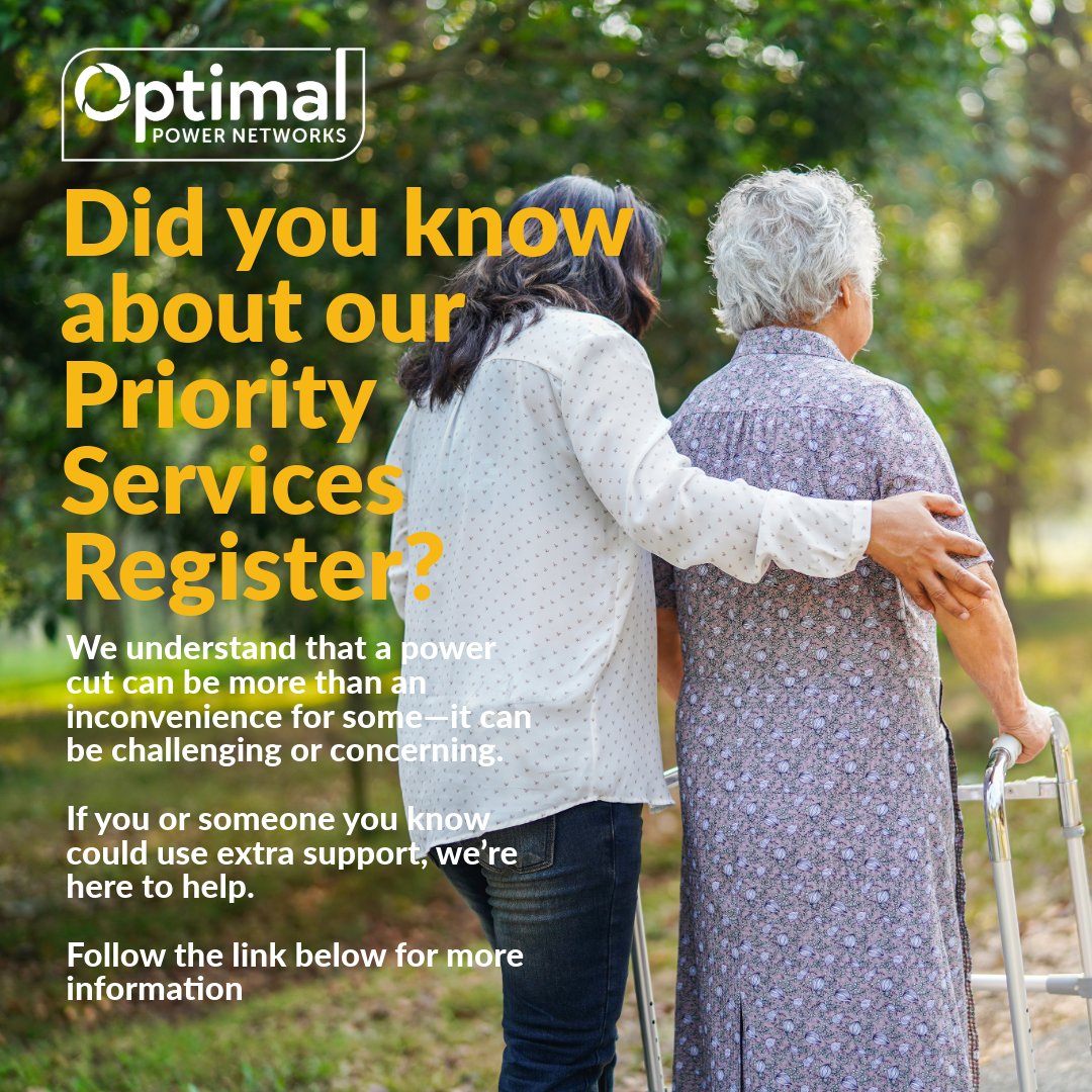 OP_Networks's tweet image. Need extra support during power cuts? Sign up for our Priority Services Register for priority updates, a dedicated phone line, and more. Details can be found on our website: optimalpowernetworks.com/customer/#prio…
#priorityservices #poweroutage #extrasupport