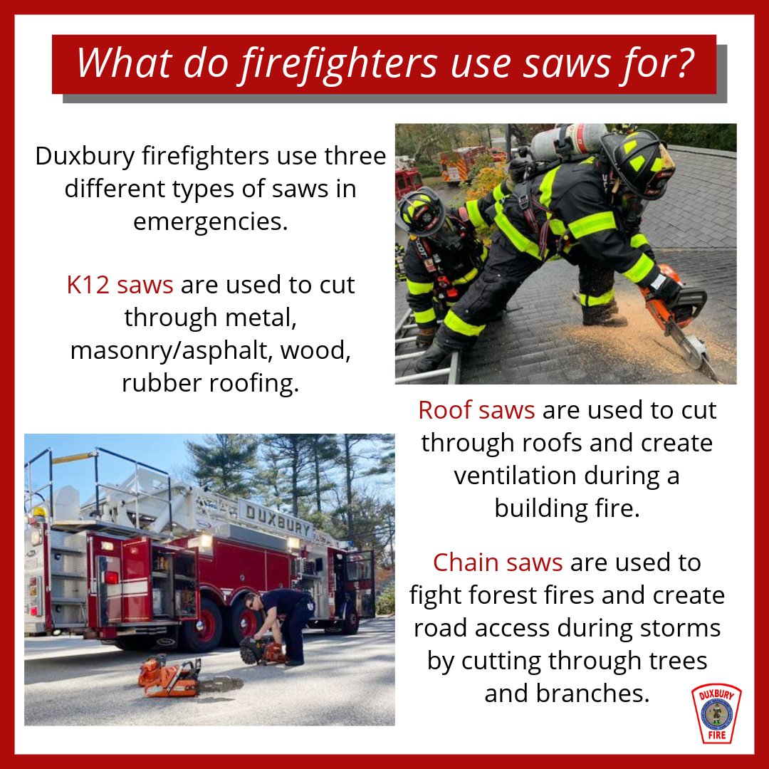 DXFD_PIO's tweet photo. What do firefighters use saws for? Duxbury firefighters use three different types of saws in emergencies.
#DXFD #firefightingfriday #saws https://t.co/buiLrsALLm