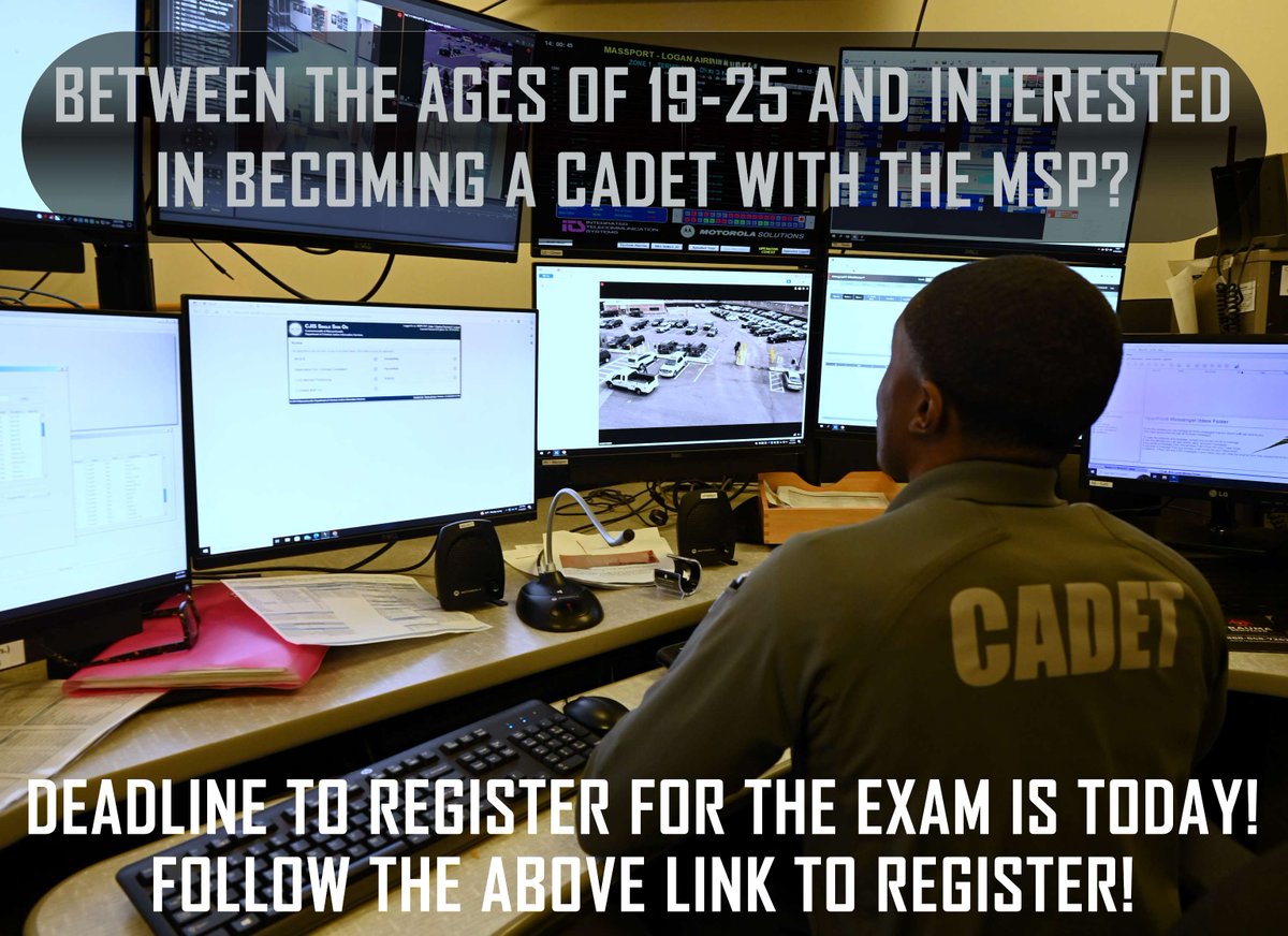 Between the ages of 19 - 25 and ready to begin your journey as a Cadet with the Massachusetts State Police? Exam registration for the upcoming Cadet Class closes TODAY!

Visit the below link to register! 

massanf.taleo.net/careersection/…