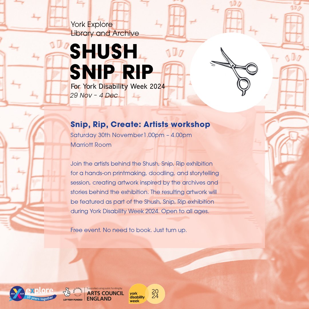 YorkExplore's tweet image. Free art workshop here at York Explore tomorrow! 🎨
Sat 30 Nov 1pm – 4pm
Join the artists behind the Shush, Snip, Rip exhibition for a hands-on printmaking & doodling session for @YorkDisability 2024!
Open to all ages. No need to book, just turn up!
#LetsCreate #ExploreTogether