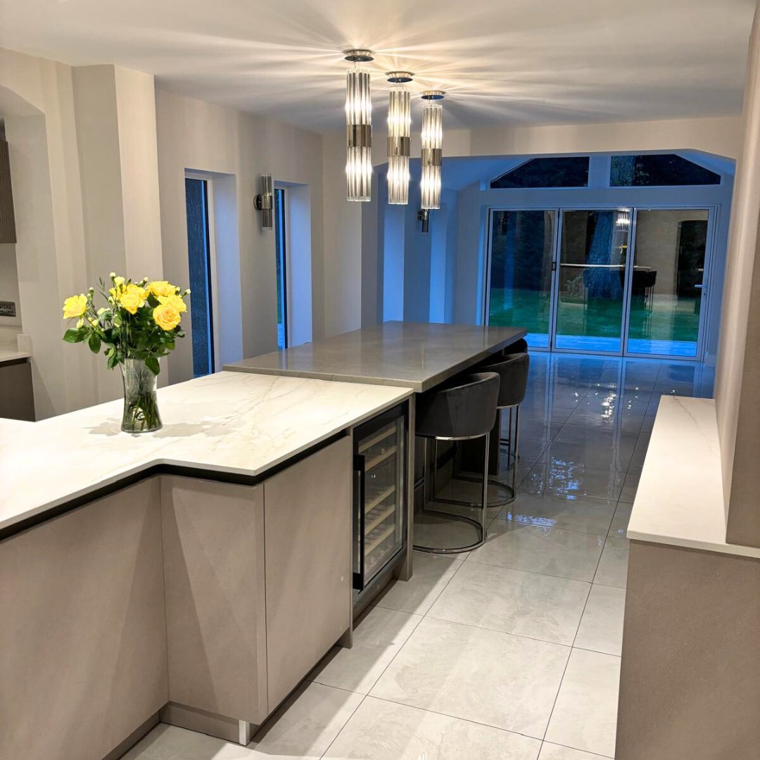 A lovely review from our customer after we  extension project in Hutton Mount. 

The extension provides a light and airy dining room space at the rear of the newly installed kitchen, with a tall vaulted ceiling, side windows, and sliding patio doors with glazed gable above.