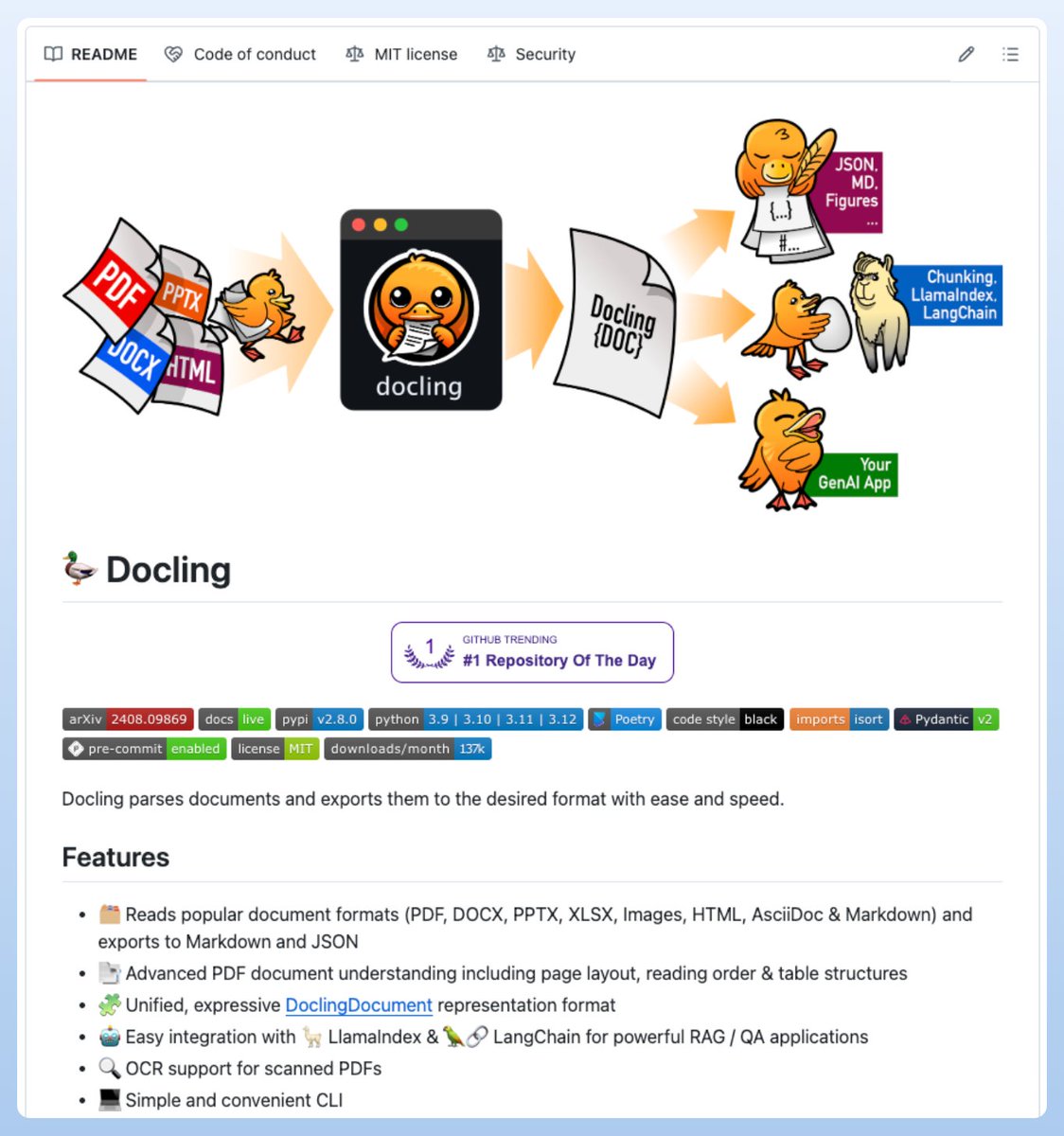 Effortless Document Parsing with Docling!

Docling is an open-source Python package that transforms any document into LLM ready data!

Key Features:

🔍 OCR for scanned PDFs
🗂️ PDF, PPTX, DOCX &amp; more → Markdown, JSON
📑 Advanced PDF parsing: layout, reading order, tables
🤖