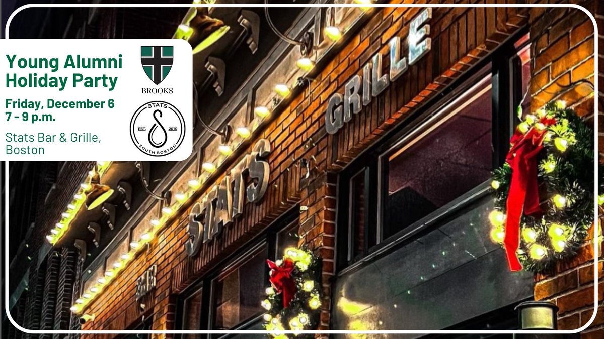 Brooks School (@brooksschool) on Twitter photo Calling all alumni from the classes of 2015 through 2022: Join us at <a href="/StatsinSouthie/">Stats Bar & Grille</a> to catch up and kick off the holiday season!
See who’s coming + RSVP: brooksschool.org/alumni/events/…
#party #reunite #gobrooks #community Calling all alumni from the classes of 2015 through 2022: Join us at <a href="/StatsinSouthie/">Stats Bar & Grille</a> to catch up and kick off the holiday season!
See who’s coming + RSVP: brooksschool.org/alumni/events/…
#party #reunite #gobrooks #community
