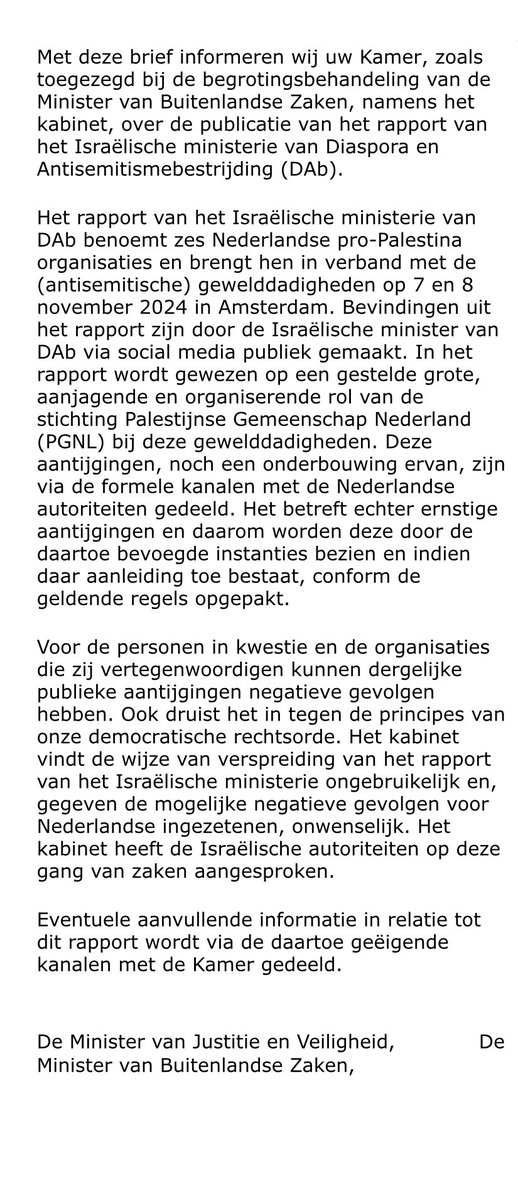 Ongewenste Israëlische inmenging wordt bevestigd door het kabinet.