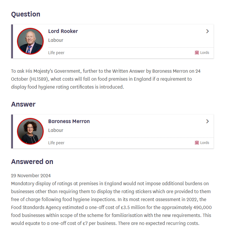 owenboswarva's tweet image. Possible sign that UK Labour is leaning toward mandatory display of #foodhygiene ratings at premises in England? questions-statements.parliament.uk/written-questi…

Latest from @The_CIEH&apos;s campaign cieh.org/news/press-rel… 

@foodgov data ratings.food.gov.uk/open-data

#foodsafety #opendata