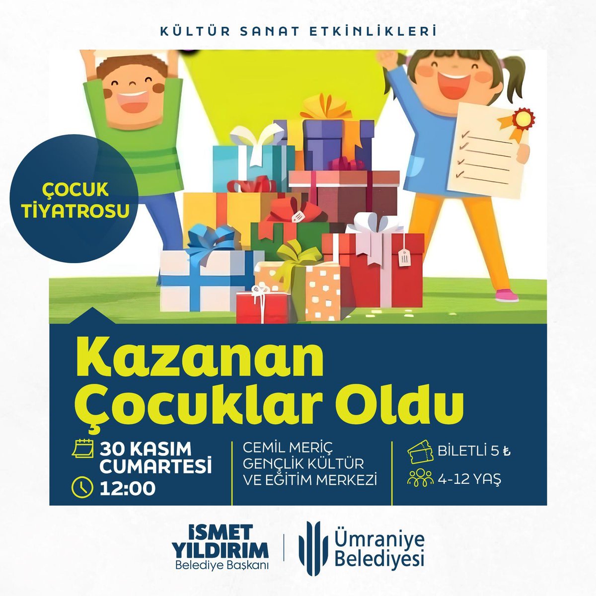 Çocuklar için tiyatro zamanı!

📅 30 Kasım Cumartesi
⏰ 12:00
📍 Cemil Meriç Gençlik Kültür Ve  Eğitim Merkezi

‘Kazanan Çocuklar Oldu’ oyunuyla miniklere hem eğlence hem farkındalık!