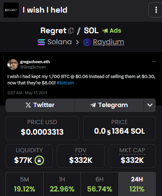 MemeTrickster's tweet photo. No $regret for me, cause I held.

So much fucking higher. https://t.co/zWeljlt5o7