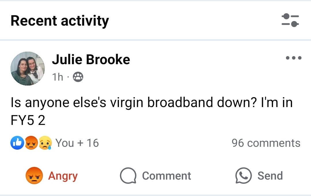 mfinch82's tweet photo. @virginmedia 96 people just in our postcode who have lost their broadband connection https://t.co/JLpy3HJpLJ