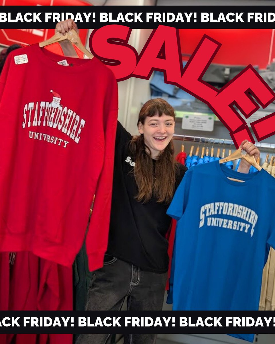 Our American letter-style 'Staffordshire University' merch now has EVEN FURTHER discounts! 💰 Stop by our Union shops today to grab yours! 

Christmas Sweatshirt  was £14.99  NOW £9.99
Hoodie &amp; T-Shirt pack was £29.99 NOW £19.99
Single Hoodie was £24.99 NOW £17.99