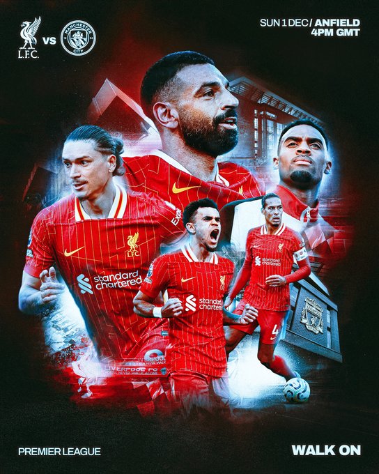 Matchday graphic for Liverpool vs Manchester City in the Premier League. The match will take place on Sunday 1st December, 16:00 GMT kick-off at Anfield.