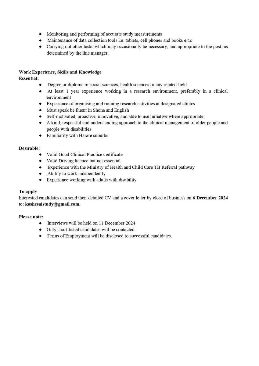 Job Alert! <a href="/BRTI_ZIMBABWE/">Biomedical Research and Training Institute</a> is hiring 5 Research Assistants for short-term roles (5–6 months) with The Health Research Unit Zimbabwe (THRU ZIM).
🗓️ Deadline: 6 December 2024
📄 Details &amp; application: ⤵️