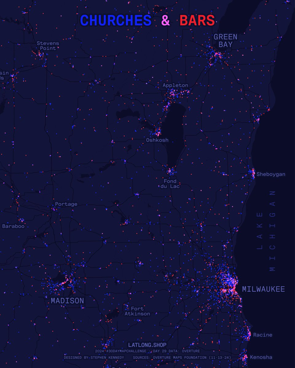 Stephen Kennedy (@oh_sk) on Twitter photo #30DayMapChallenge | Day 29 Data: Overture | Churches & Bars
Extracted place data from <a href="/OvertureMaps/">Overture Maps Foundation</a> and filtered to primary category contains “church” or equals “bar.” Pink areas indicate a higher prevalence of both place types. #30DayMapChallenge | Day 29 Data: Overture | Churches & Bars
Extracted place data from <a href="/OvertureMaps/">Overture Maps Foundation</a> and filtered to primary category contains “church” or equals “bar.” Pink areas indicate a higher prevalence of both place types.