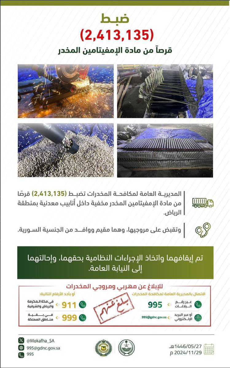 #مكافحة_المخدرات تضبط (2,413,135) قرصًا من مادة الإمفيتامين المخدر مخفية داخل أنابيب معدنية بمنطقة الرياض.

#الحرب_على_المخدرات
#بالمرصاد