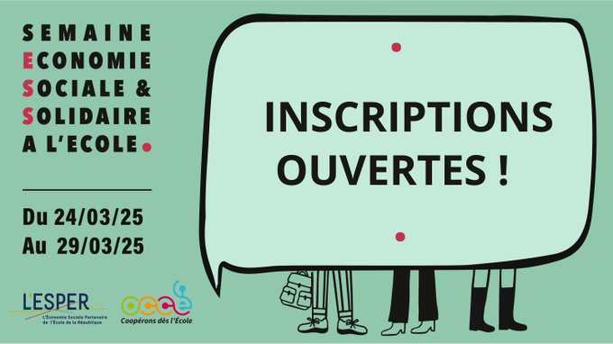 [#SESSE2025 : LES INSCRIPTIONS SONT OUVERTES !] 
📢Acteurs et actrices de l’ESS, membres d’équipes éducatives, élèves, participez à la 9ème édition de la Semaine de l’ESS à l’Ecole, du 24 au 29 mars 2025 ! 
Inscriptions et informations 📷urlr.me/djGv3
@LESPER_France