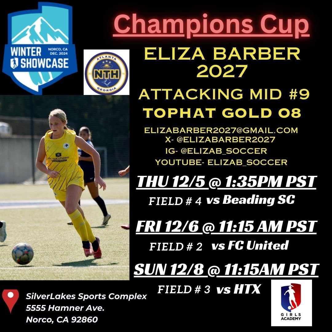 Eliza Barber (@elizabarber2027) on Twitter photo It is almost time! Girls Academy #Championscup starts Thursday. Hope to see you there! Schedule ⬇️
<a href="/GAcademyLeague/">Girls Academy</a>
<a href="/ImYouthSoccer/">ECNL/GA/Recruiting/College Soccer</a> <a href="/TopDrawerSoccer/">TopDrawerSoccer</a> <a href="/TheSoccerWire/">SoccerWire</a> <a href="/PrepSoccer/">Prep Soccer ⚽️</a> <a href="/JREskilson/">J.R. Eskilson</a> <a href="/mattsmithsoccer/">Matt Smith</a> <a href="/travismclark/">Travis Clark</a> <a href="/Tophat08GA/">Tophat 08 Gold GA</a> It is almost time! Girls Academy #Championscup starts Thursday. Hope to see you there! Schedule ⬇️
<a href="/GAcademyLeague/">Girls Academy</a>
<a href="/ImYouthSoccer/">ECNL/GA/Recruiting/College Soccer</a> <a href="/TopDrawerSoccer/">TopDrawerSoccer</a> <a href="/TheSoccerWire/">SoccerWire</a> <a href="/PrepSoccer/">Prep Soccer ⚽️</a> <a href="/JREskilson/">J.R. Eskilson</a> <a href="/mattsmithsoccer/">Matt Smith</a> <a href="/travismclark/">Travis Clark</a> <a href="/Tophat08GA/">Tophat 08 Gold GA</a>